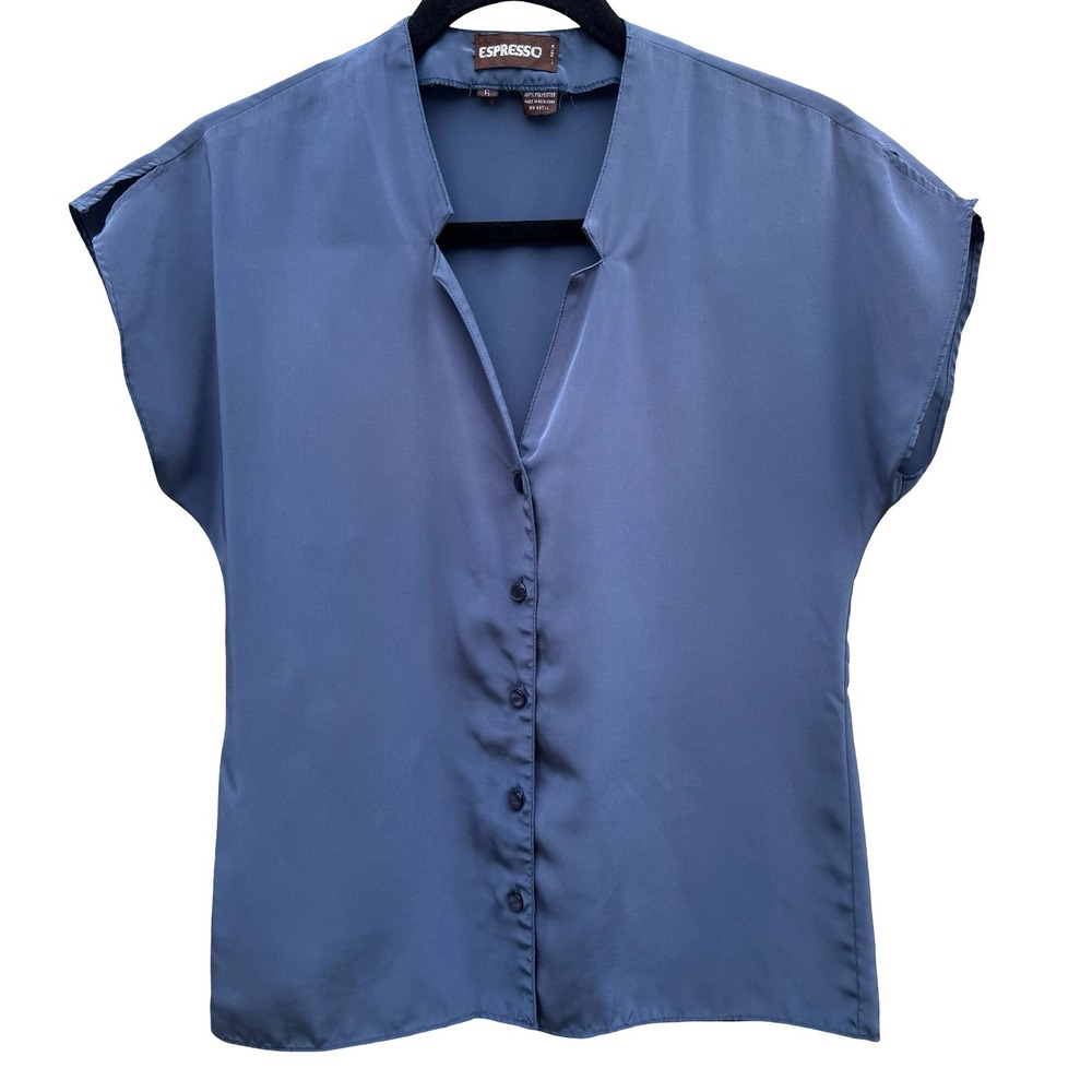 Espresso Vintage Slate Blue Satin Button Front Blouse Split Neck Short Sleeve 6